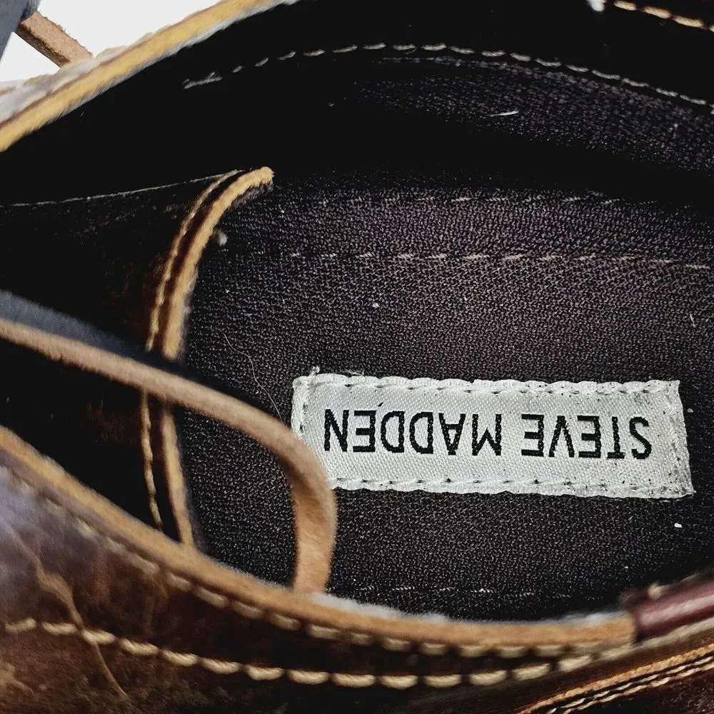 Steve Madden Harken‎ 247 Leather Shoes Men's 9 Cognac Brown Lace Up Distressed